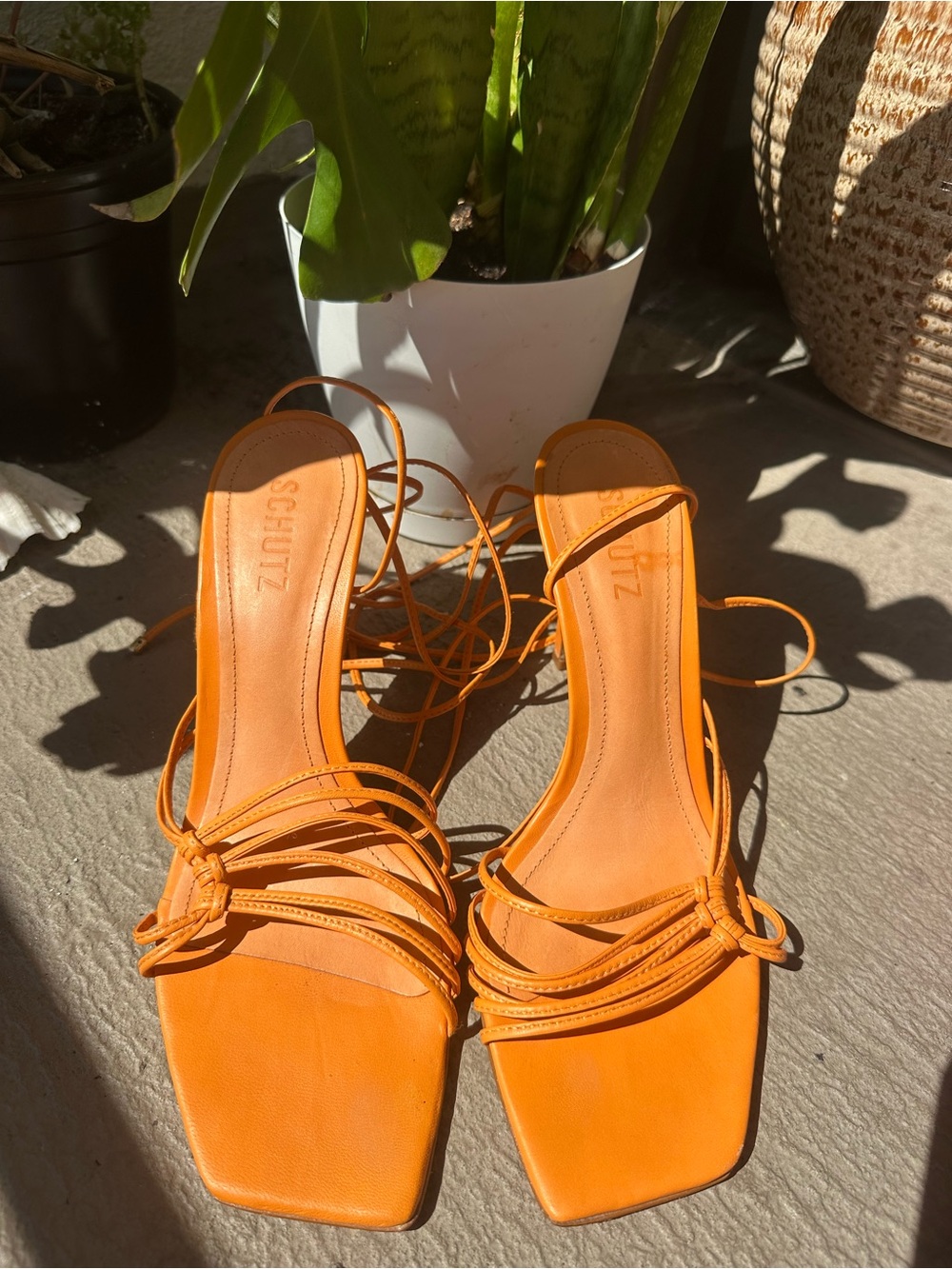SCHUTZ Sirena bright orange Lace-Up Strappy Square-Toe Heels